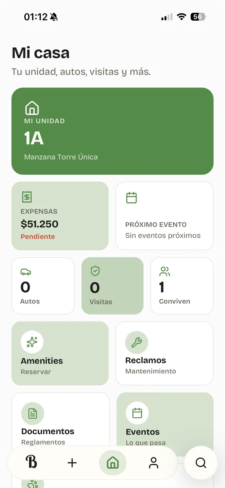 Pantalla Mi Casa de Barrial con expensas pendientes, próximos eventos, vehículos, visitas, cohabitantes, amenities y reclamos